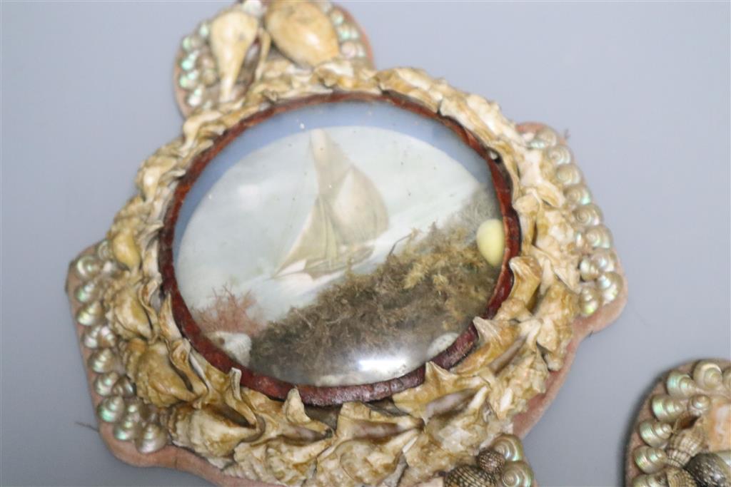 A pair of 19th century sailors Valentine shellwork anchor diorama, overall length 27cm